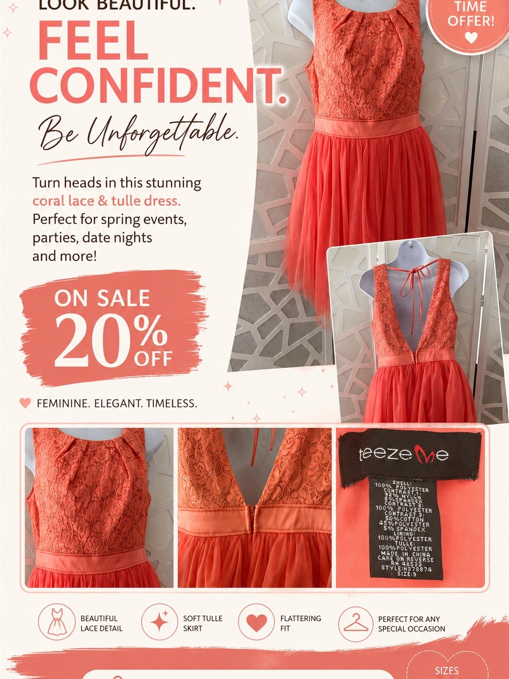Teeze Me Coral Lace & Tulle Cocktail Dress